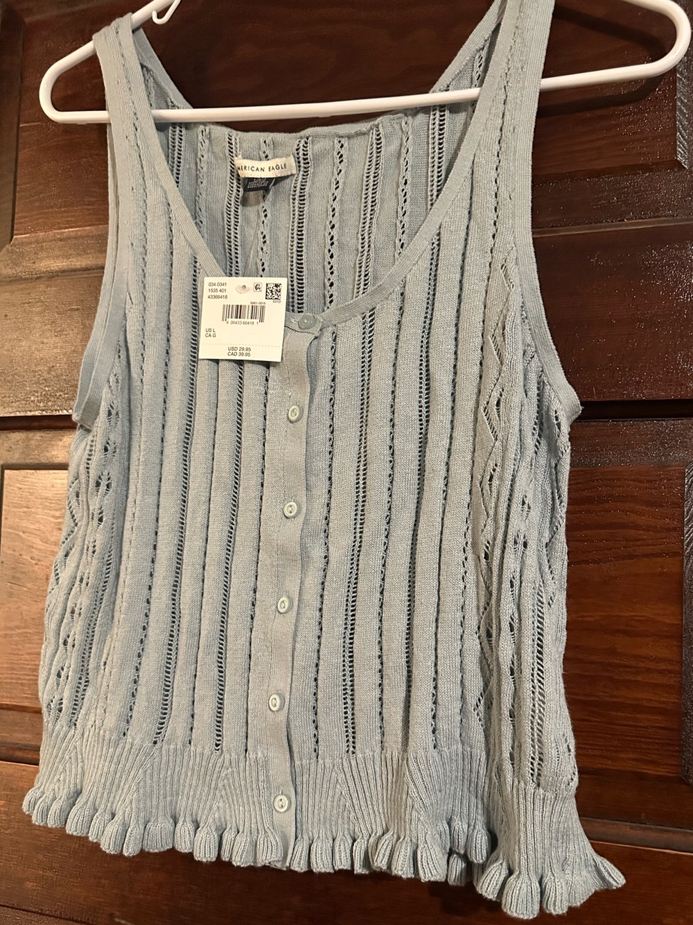 American Eagle Outfitters Women’s L Pale Blue Open-Knit Button Tank